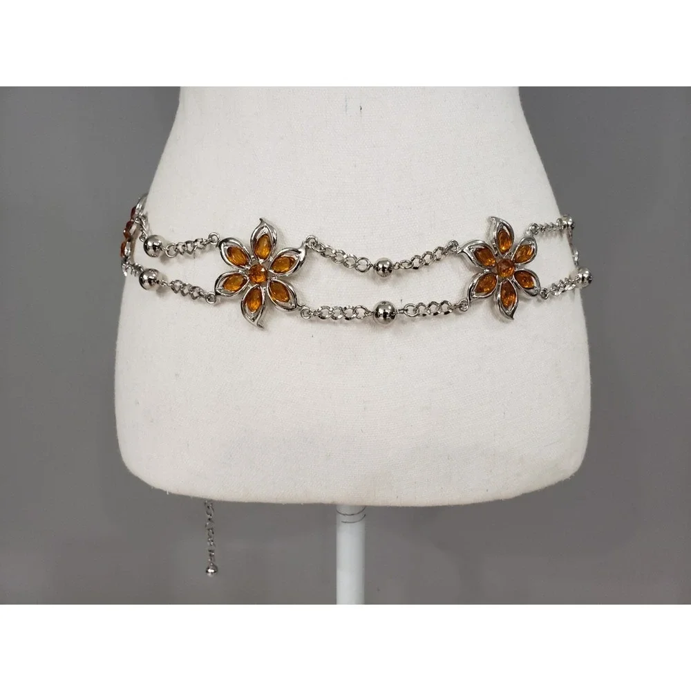 Vintage Y2K FLOWER LOTUS ORANGE RHINESTONE SILVER CHAIN BELT 90s 2000s